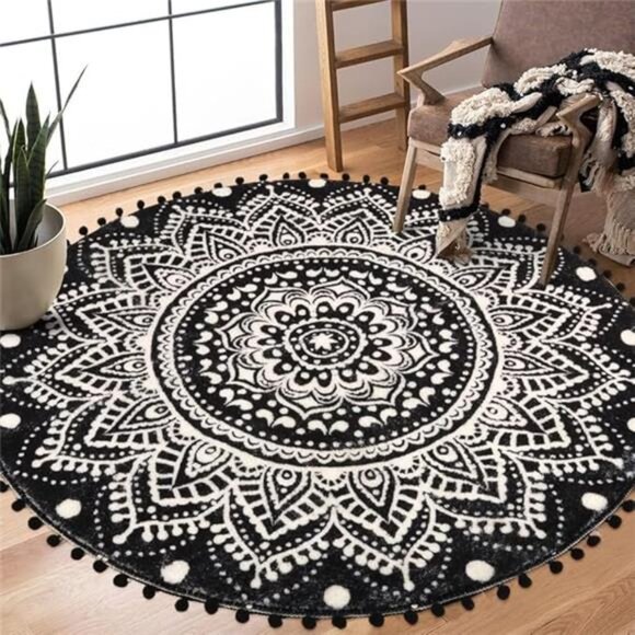 Uphome Boho Round Rug for Living Room 4' Circular Black Mandala Area Rug - Picture 7 of 7